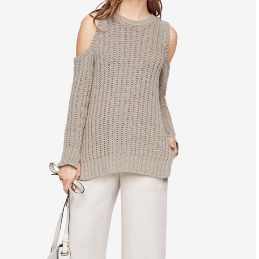 BCBG cotton sweater cold shoulders beige grey